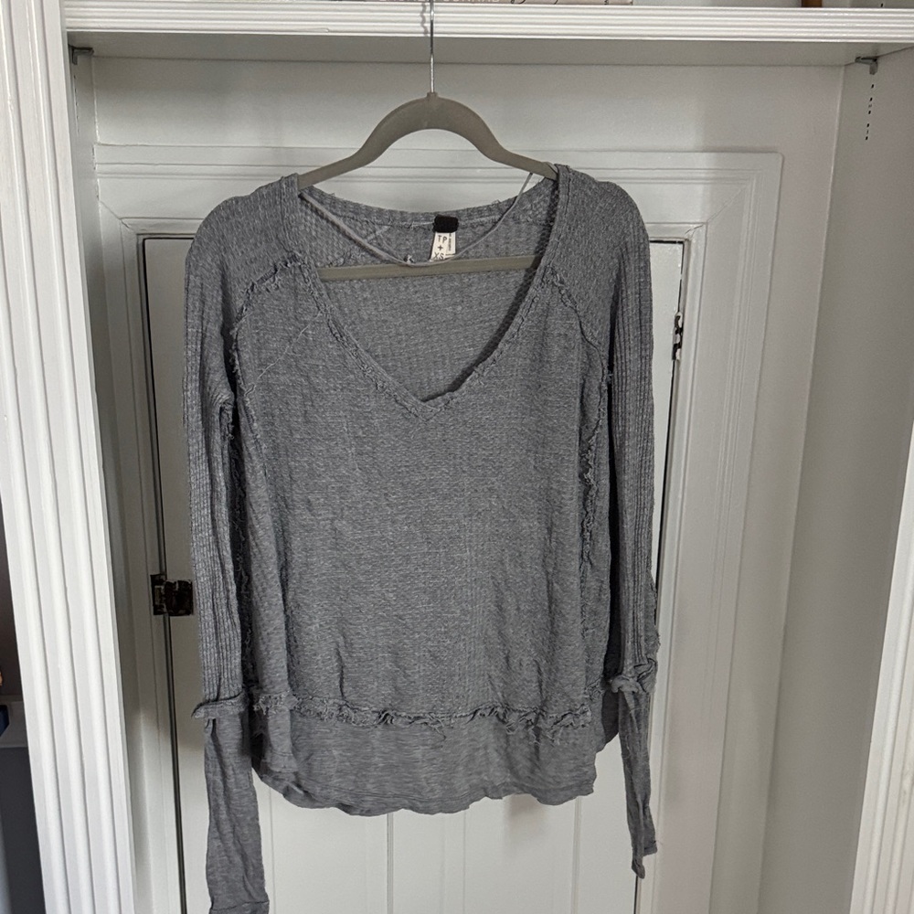Free People Gray Long Sleeve V-Neck Top